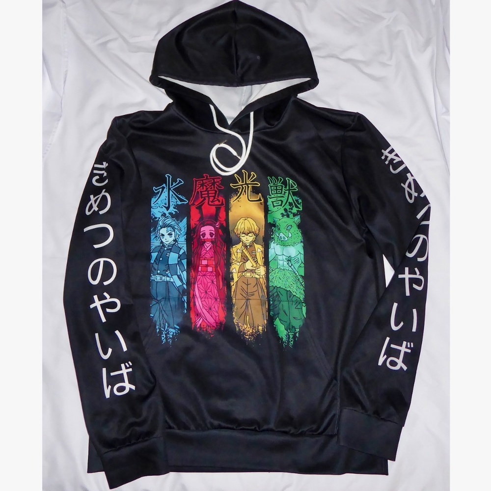 DEMON SLAYER HOODIE SHIRT TOP LONG SLEEVE BLACK KIMETSU NO YAIBA PULLOVER M/L